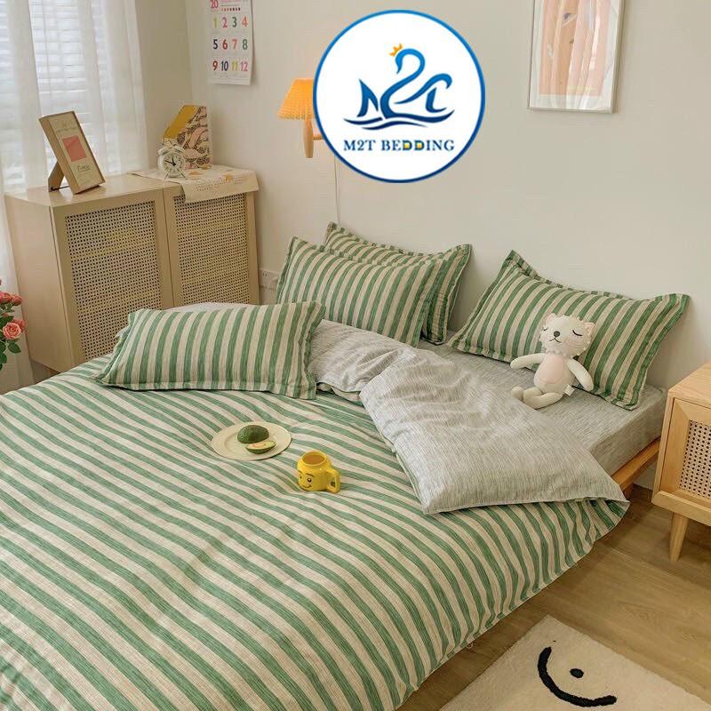 Bộ chăn ga gối Coton poly M2T bedding xanh lá sọc, vỏ chăn mền, drap giường và 2 vỏ gối