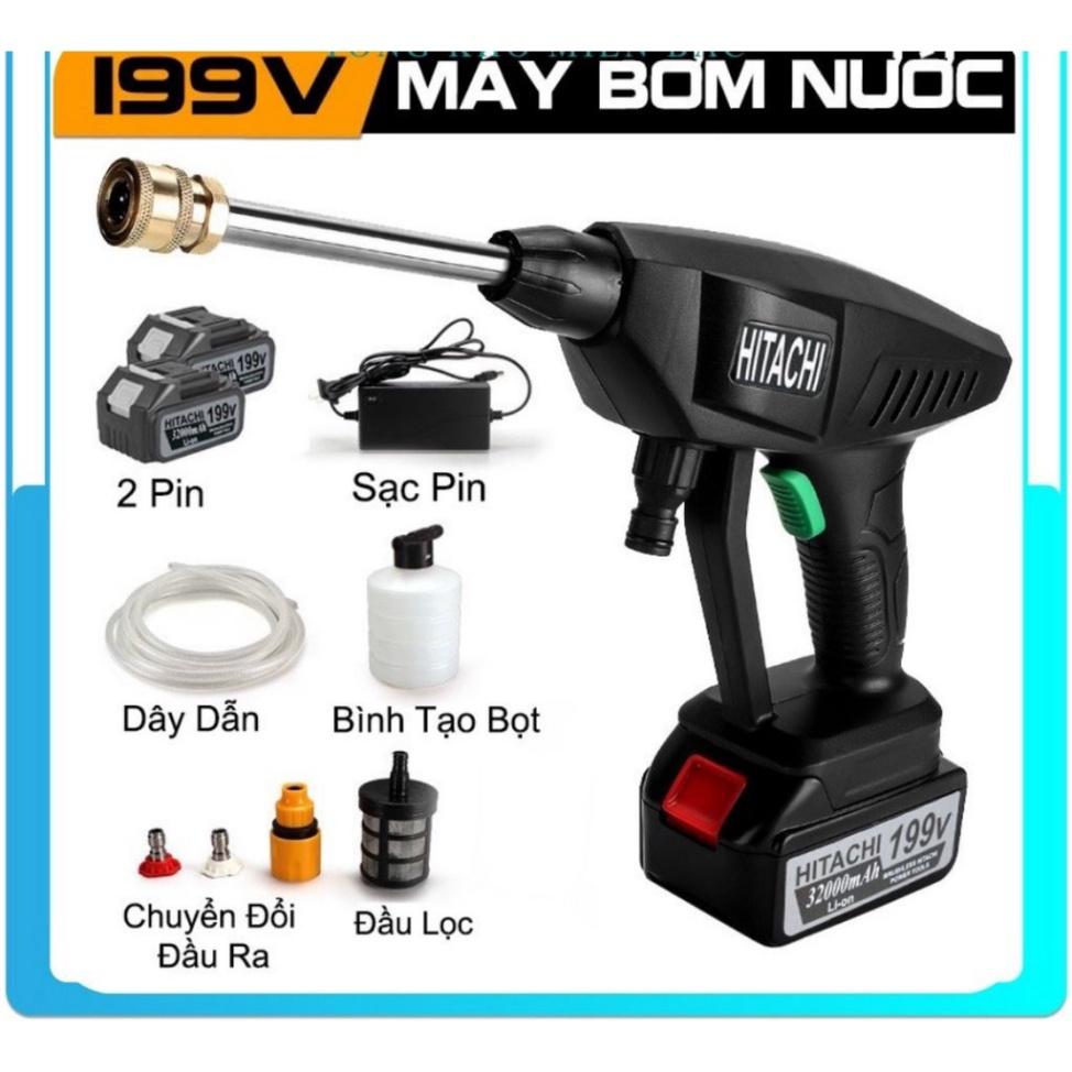 Máy xịt rửa xe máy ô tô áp lực cao bọt tuyết HITACHI 199V cầm tay PIN SẠC CỰC MẠNH dùng gia đình giá rẻ