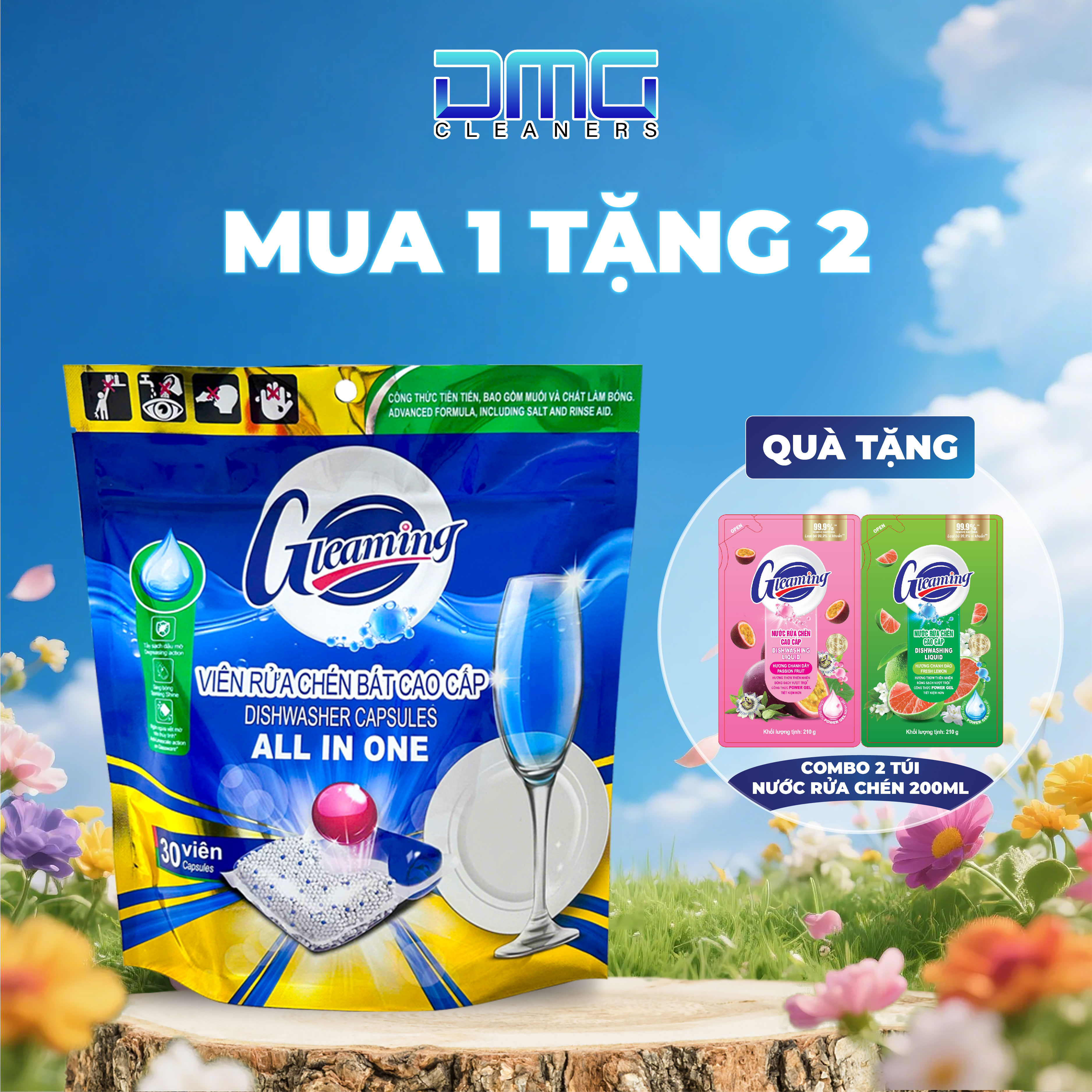Túi 30 Viên Nước Rửa Chén Bát Gleaming Tặng 2 Túi Nước Rửa Chén 200ml
