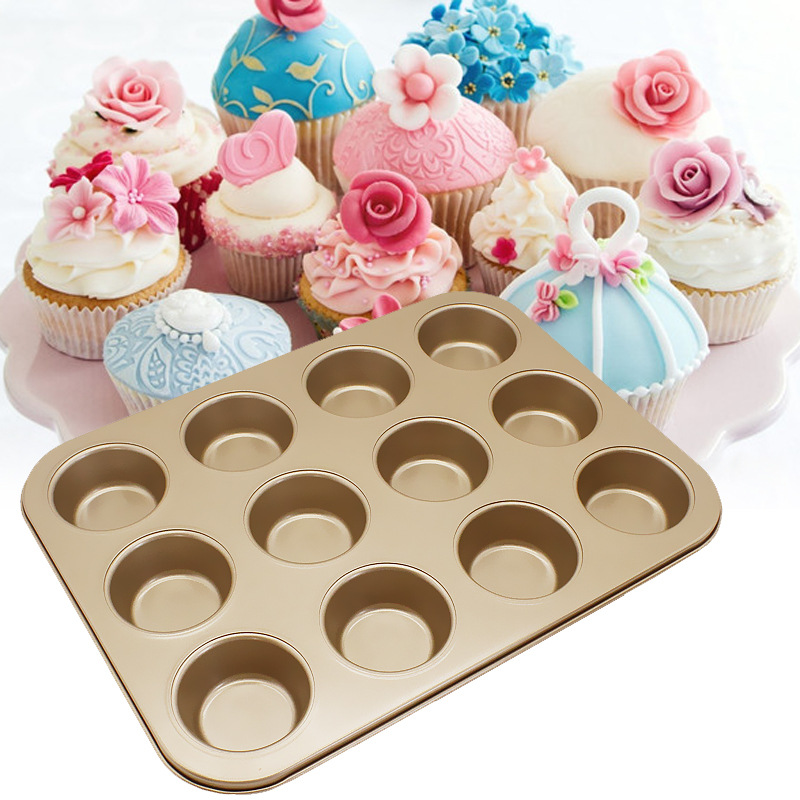 Khuôn Làm Bánh Nướng Bánh Cupcake, Muffin, Rau Câu 12 Ô Thép Carbon Chống Dính Cao Cấp Đa Năng