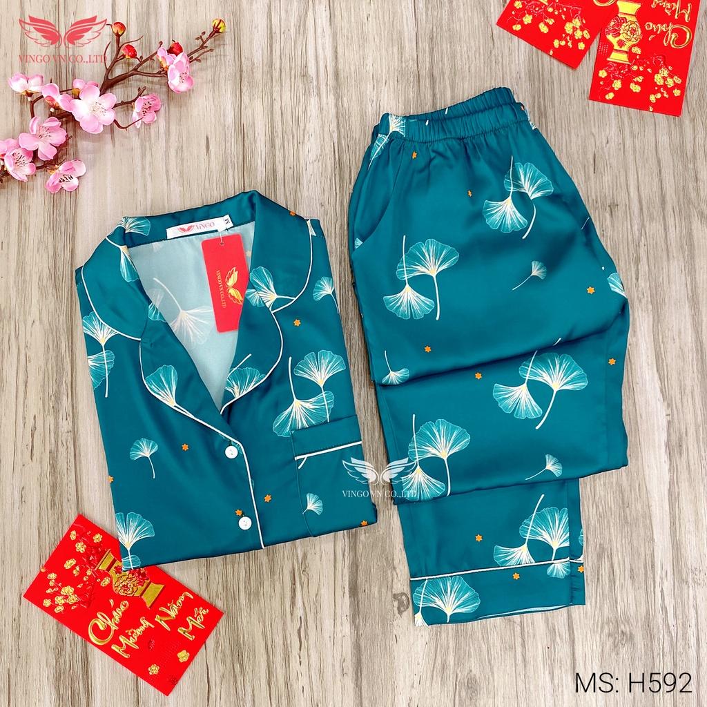 Đồ Bộ Ngủ Nữ Pijama Mặc Nhà VINGO Lụa Pháp Cao Cấp Tay Dài Quần Dài Họa Tiết Lá Ngân Hạnh Sang Chảnh H592 VNGO