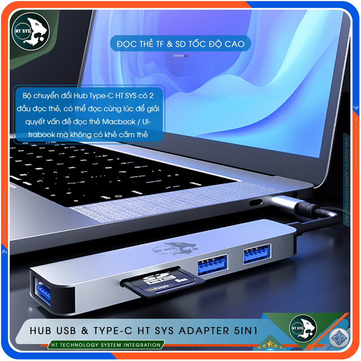 Hub Type C Và Hub USB HT SYS 5 in 1 To USB 3.0, SD, TF - Hàng Chính Hãng
