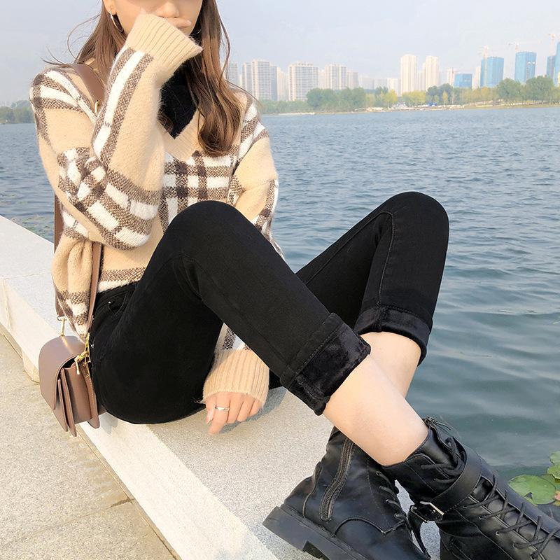 Bụng Stovepipe Quần Nỉ Quần Nữ Co Giãn Nữ Cao Cấp Quần Quần Jean Đen