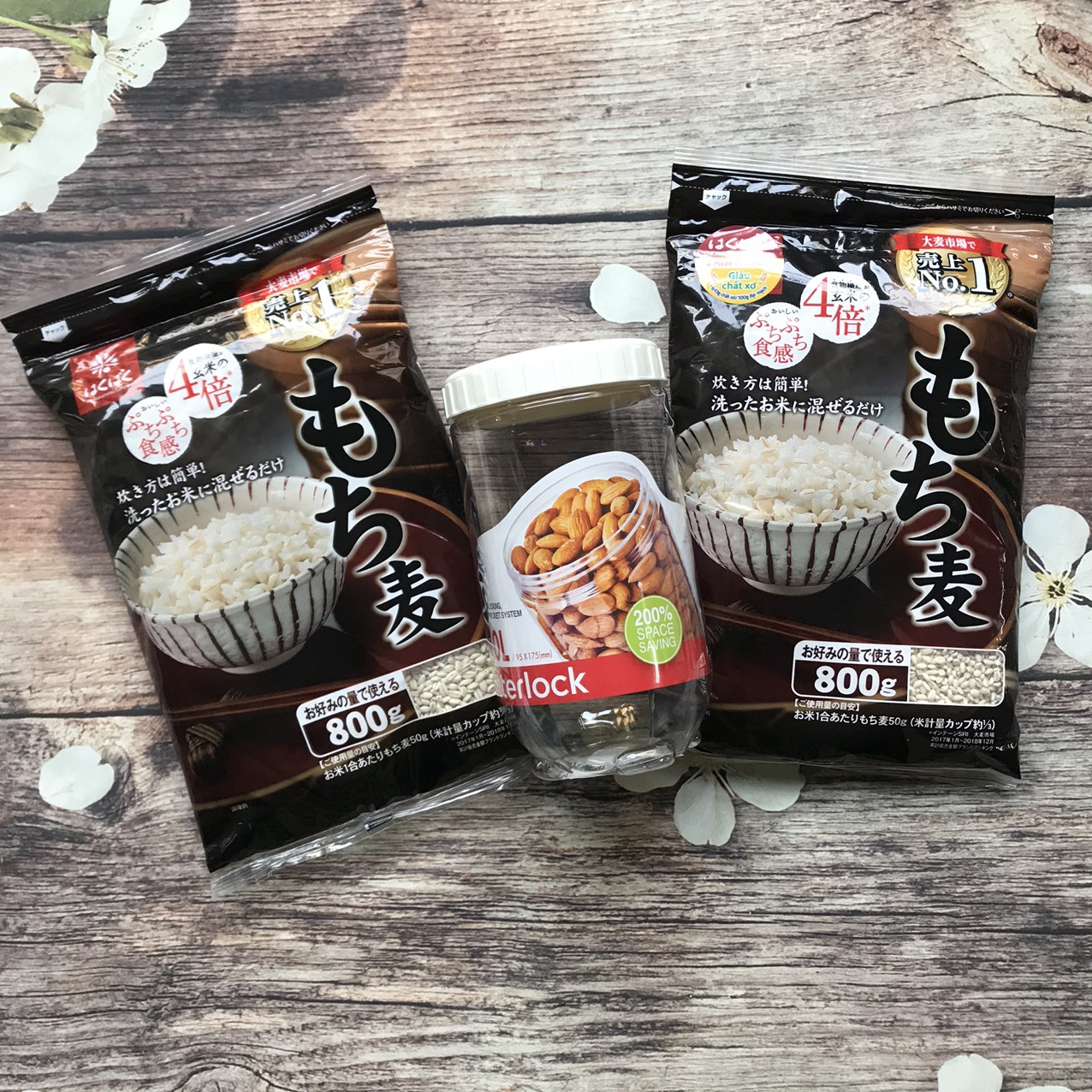 Combo 2 gói Hạt Đại Mạch Mochimugi HakuBaku (800g) - Tặng hộp bảo quản 1L