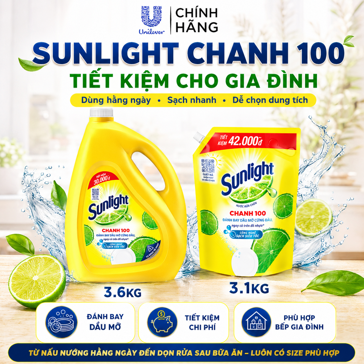 Nước Rửa Chén Sunlight Chanh 100 Chính Hãng, Sạch Dầu Mỡ, Tiết Kiệm Cho Gia Đình 3.1kg/3.6kg