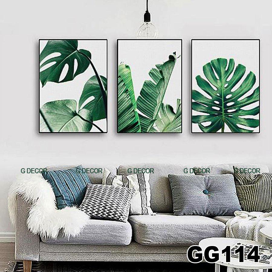 Tranh treo tường canvas 3 bức phong cách hiện đại Bắc Âu 40, tranh lá cây trang trí phòng khách, phòng ngủ, phòng ăn