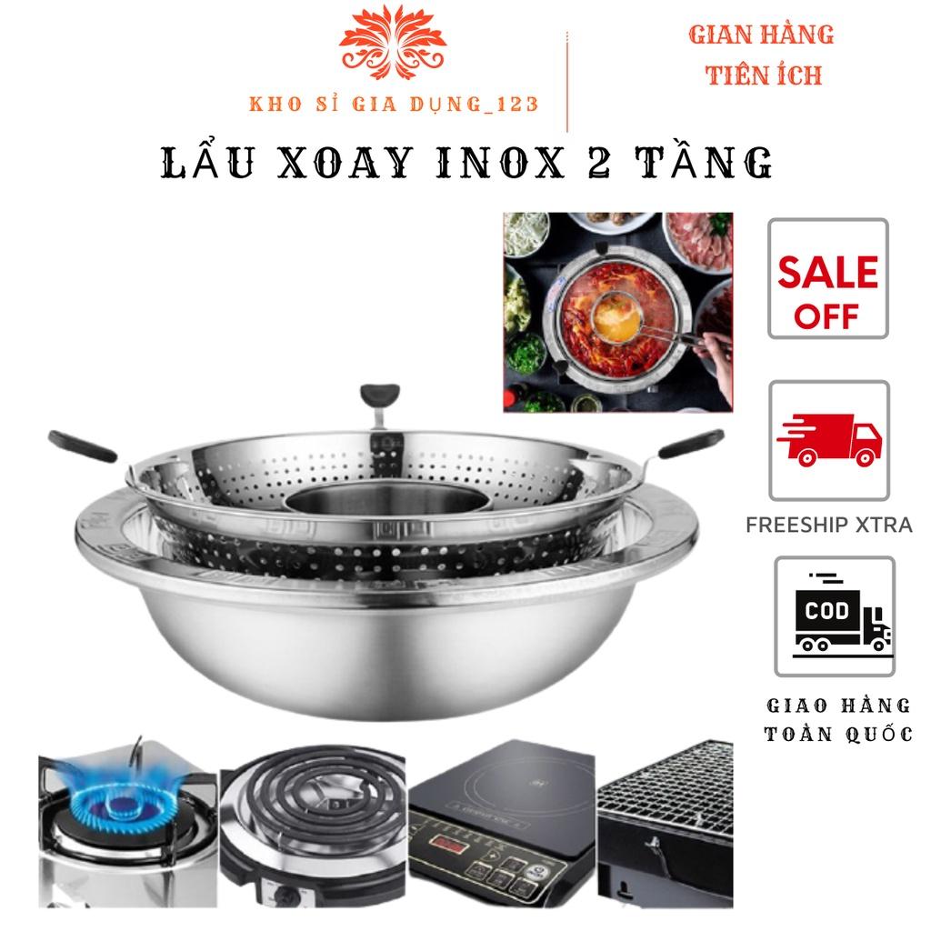 Nồi lẩu inox xoay 2 tầng Hàn Quốc, Nồi lẩu inox 2 tầng dùng được cả bếp từ và bếp gas vô cùng tiện lợi.