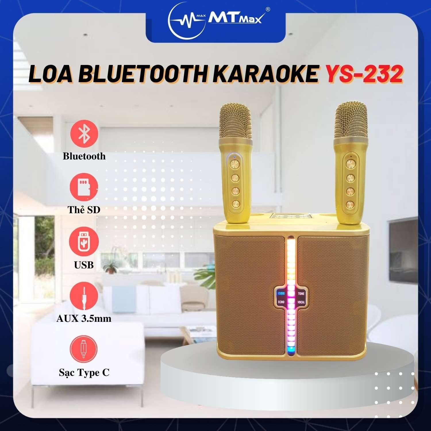 Loa blueooth karaoke mini kèm 2 micro YS232 phiên bản mới có đèn led nhấp nháy thiết kế nhỏ gọn dễ dàng mang đi kết nối AUX, USB, thẻ TF