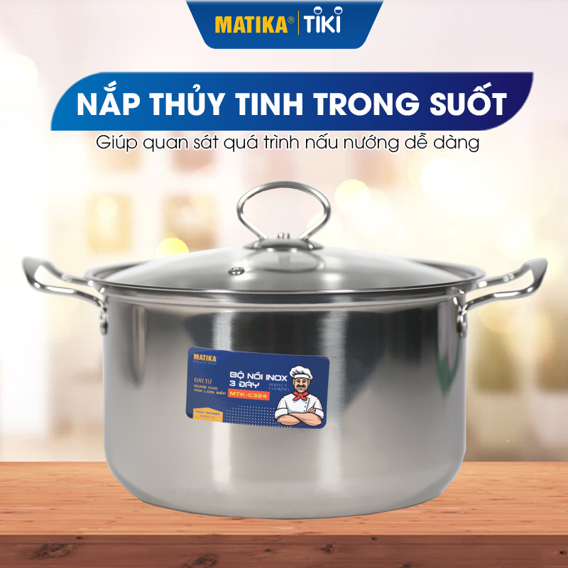 Bộ Nồi Inox 3 Đáy MATIKA MTK-C324 Đáy Từ - Hàng Chính Hãng