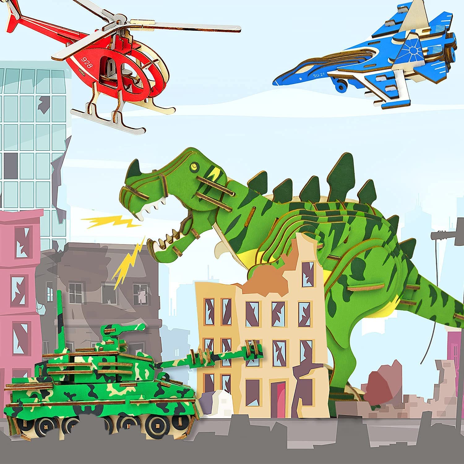 Mô hình máy bay trực thăng xe tăng chiến đấu bằng gỗ,  đồ chơi lắp ráp xếp hình thông minh cho trẻ em bé trai bé gái