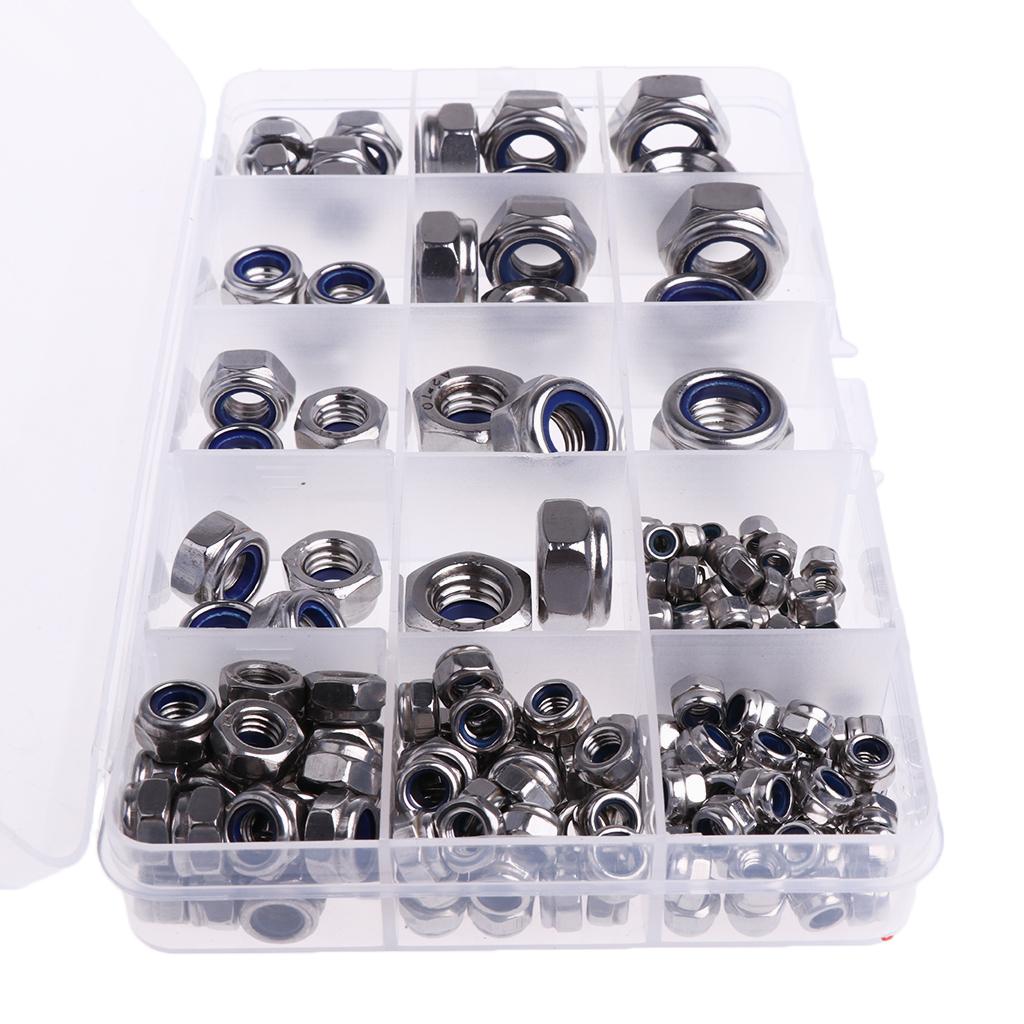 Assorted 304 Steel Nylon Lock Nuts Assortment Kit -M3 M4 M5 M6 M8 M10 M12