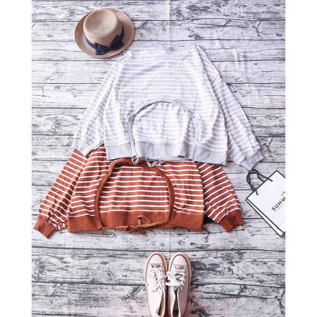ÁO NỈ SỌC SWEATER CUTOUT HỞ LƯNG THẮT NƠ