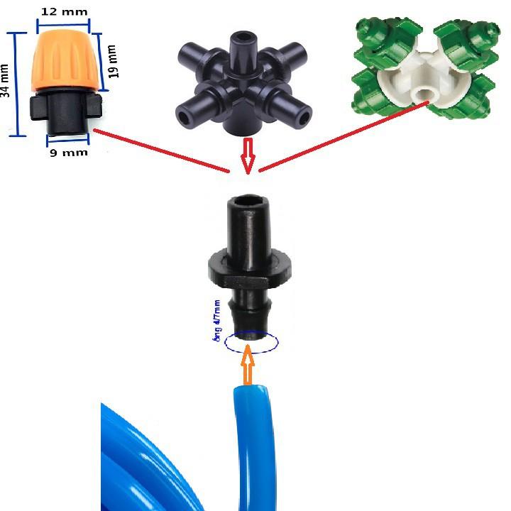 Sét 5 đầu khởi thuỷ nối 1 đầu ngạnh 6mm để lắp ráp vòi phun sương nhựa