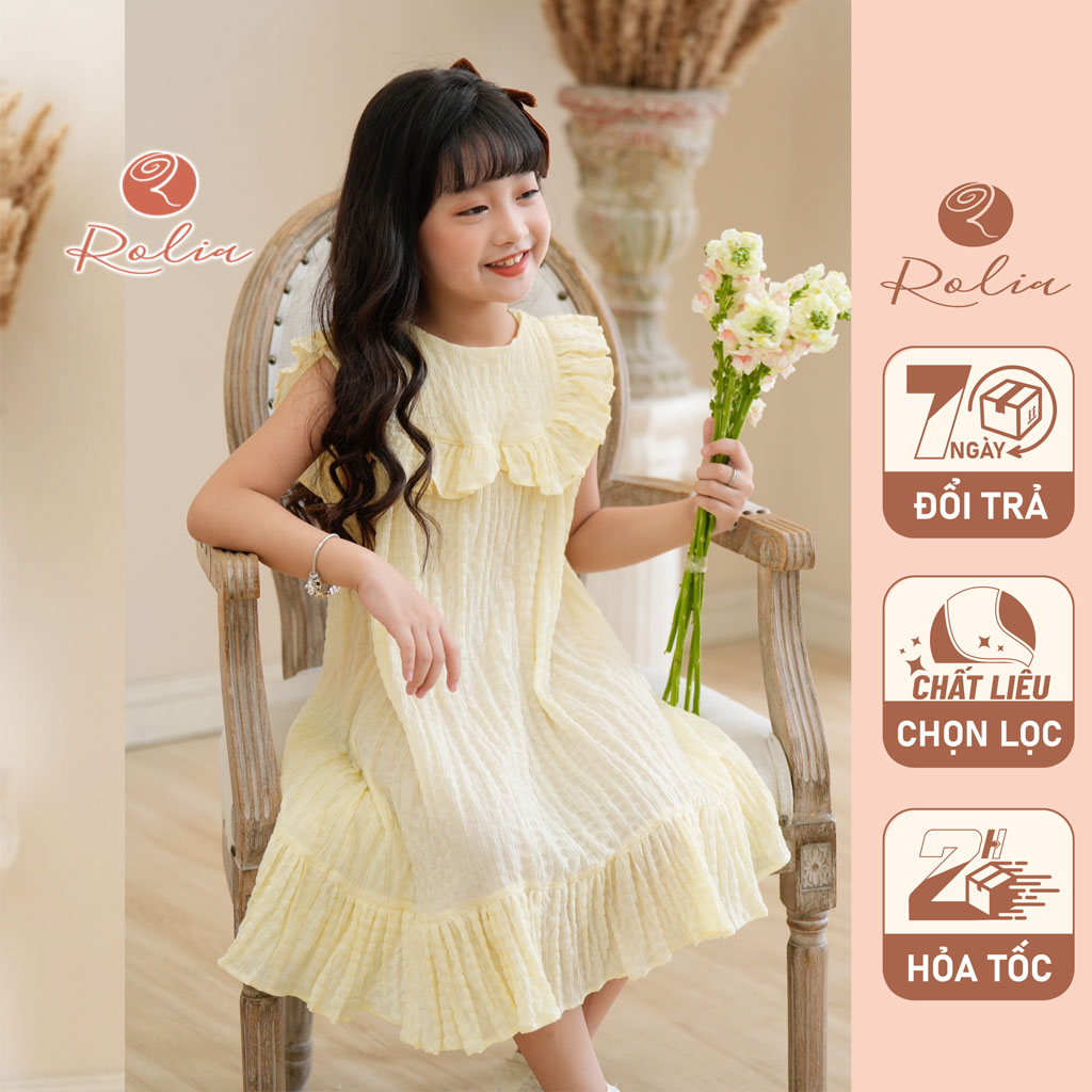 Váy bé gái cộc tay ROLIA chất đũi xốp dáng đuôi cá phối bèo ngực mặc lên chỉ có mát V140