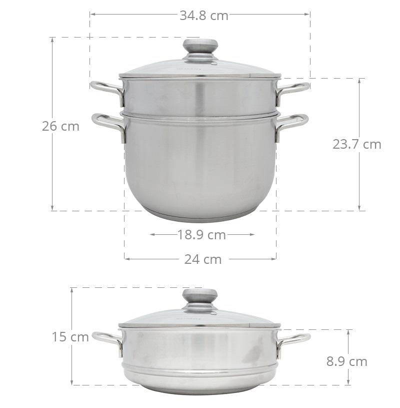 Bộ nồi xửng hấp Inox 430 3 đáy nắp kính Fivestar 24cm/ 26cm/ 28cm/ 30cm/ 32cm