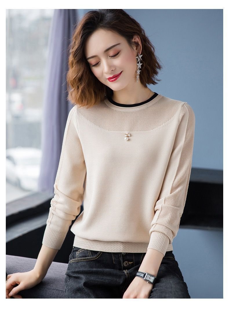 Áo len nữ dài tay cổ phối màu mẫu mới phong cách Hàn Quốc al18