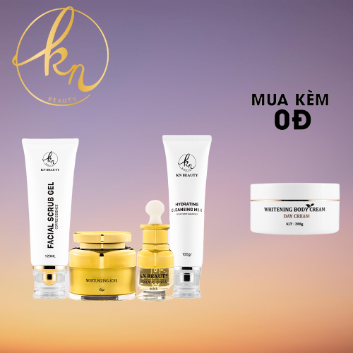 Bộ 4 bước chăm sóc da Trắng sáng Ngừa mụn KN Beauty chuyên sâu: Kem dưỡng 15g + Serum 30ml+ Sữa rửa mặt 100g+ Tẩy tế bào chết 120ml (Tặng kem body bơ))