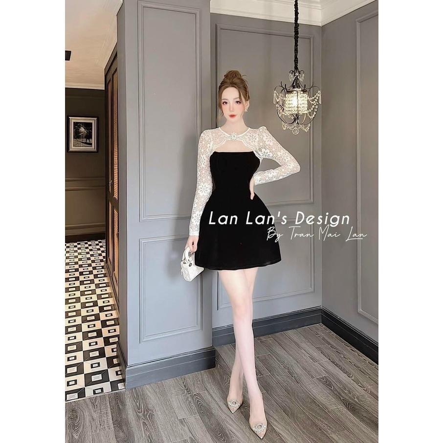 Đầm xoè nhung phối tay ren kèm phụ kiện