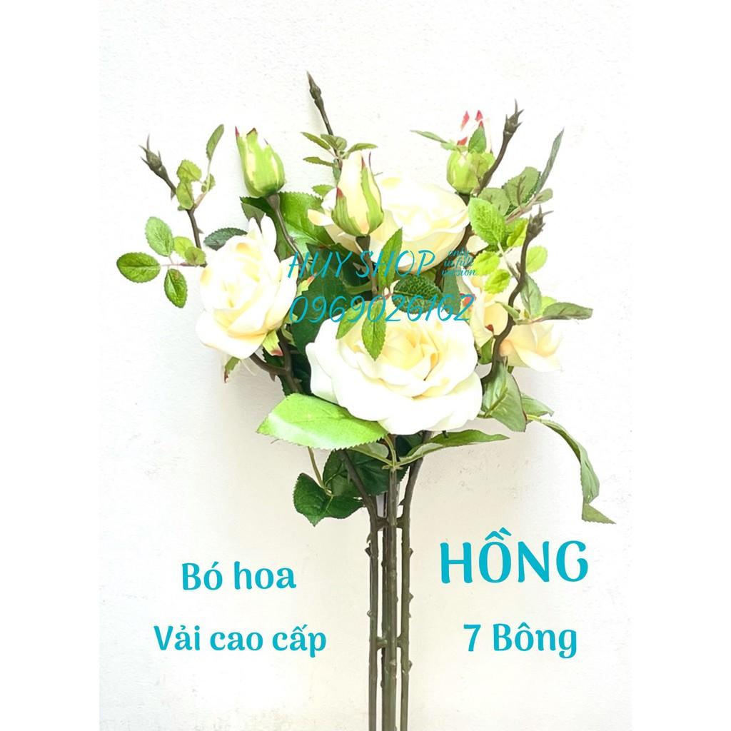 HOA GIẢ TRANG TRÍ - BÓ HOA HỒNG NỞ 7 BÔNG VẢI CAO CẤP