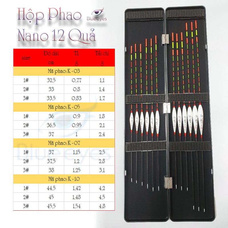 Hộp phao câu đài Nano 12 quả Blue eyes đầy đủ thông số, nhạy cá tín hiệu chuẩn PK16 hộp phao K