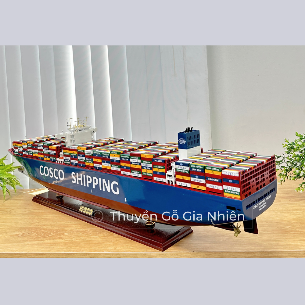 Mô Hình Thuyền Gỗ Phong Thủy Gia Nhiên, Thuyền Container Gỗ COSCO, Dài 100cm, Thuyền Trang Trí Xuất Khẩu Chất Lượng Cao