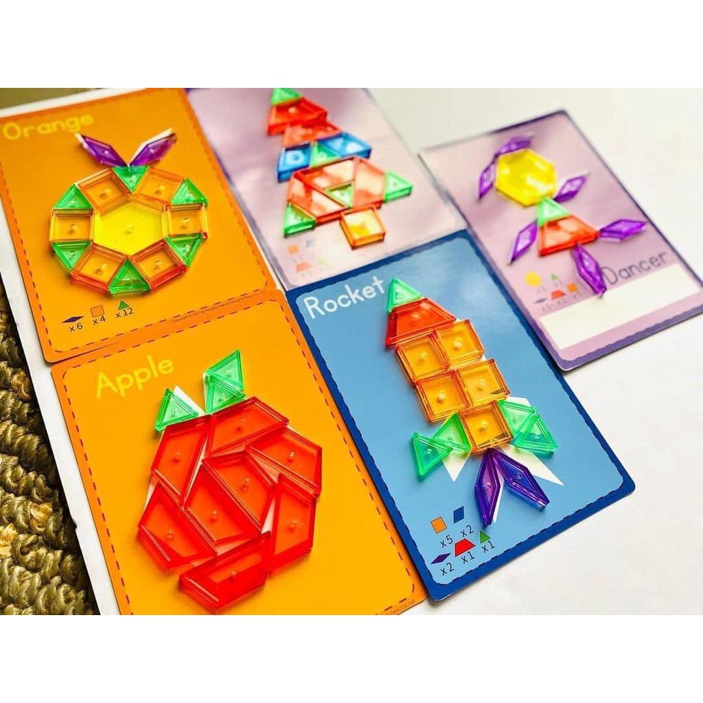 GIÁO CỤ MONTESSORI THẦN THÁNH LÀ ĐÂY PATTERN BLOCKS 140 PCS BỘ 6 HÌNH KHỐI 6 MÀU CƠ BẢN KÈM THẺ HƯỚNG DẪN VÀ HỘP ĐỰNG