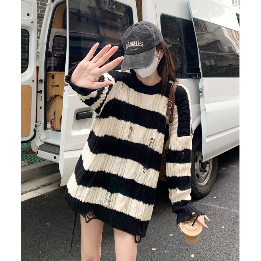 Áo Sweater Len Dệt Kim Cổ Tròn Tay Dài Dáng Rộng Họa Tiết Kẻ Sọc Ngang Phong Cách Vintage Đường Phố B-14