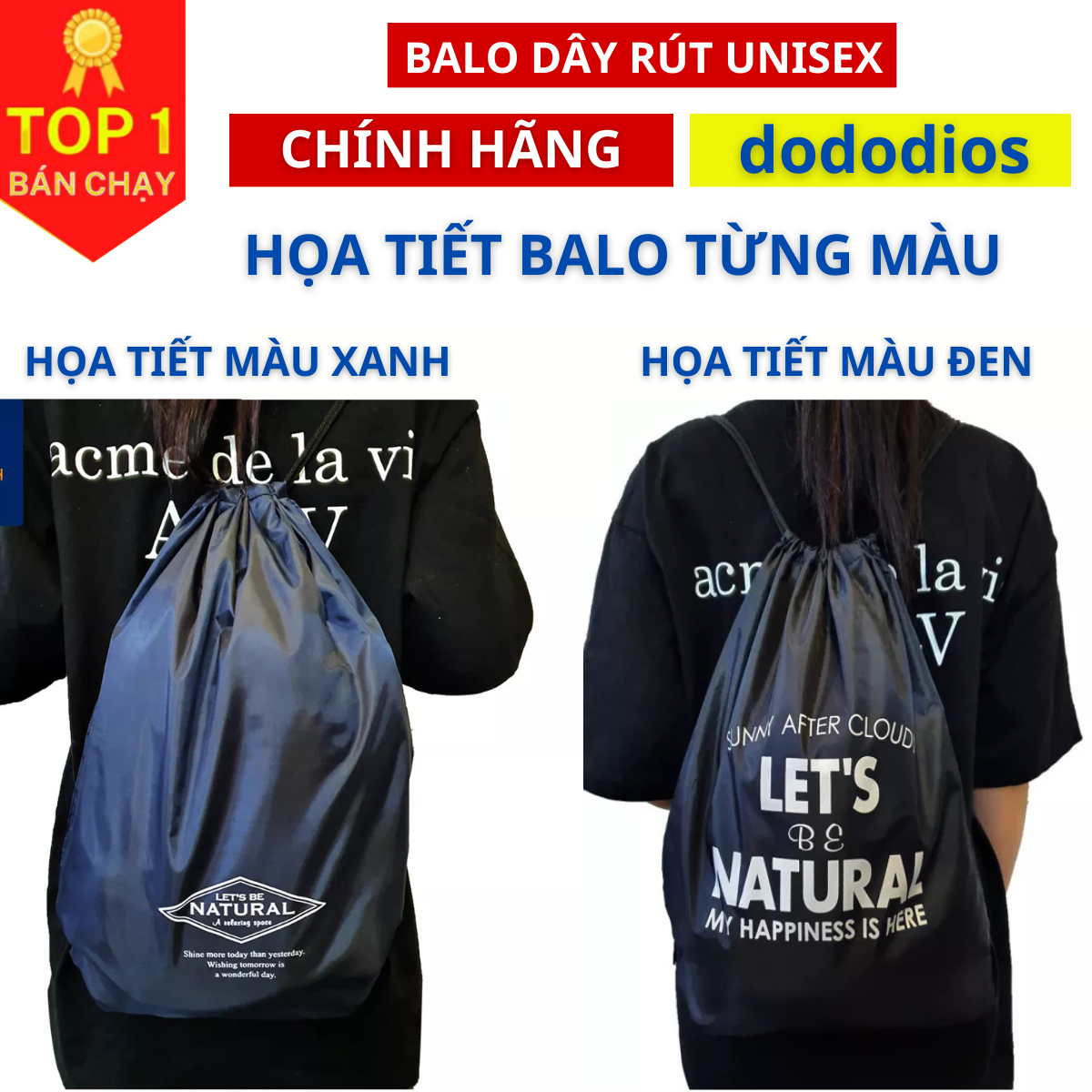 Balo dây rút unisex, Balo dây rút gấp gọn, vải dù chống thấm nước, Balo dây rút unisex, túi gấp, túi dây rút - vải dù chống thấm nước - Chính hãng dododios