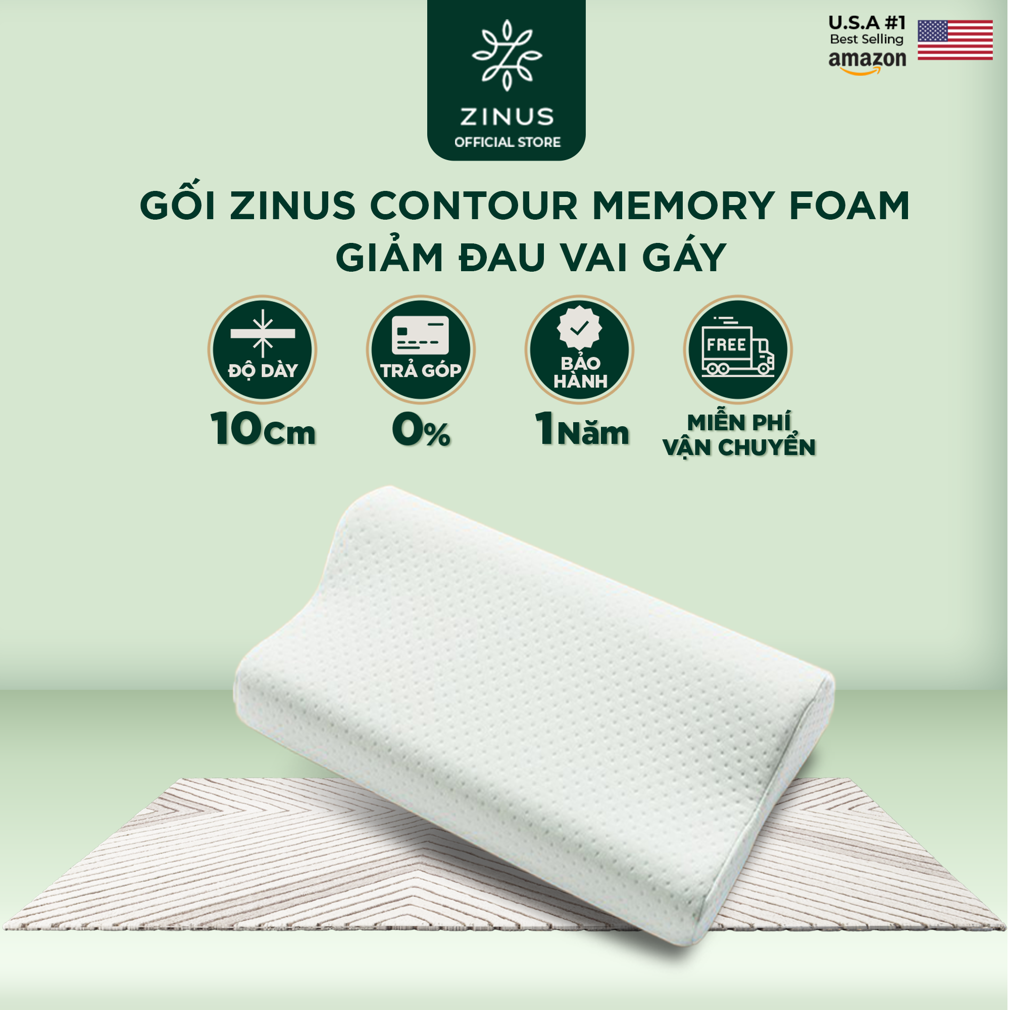 Gối Zinus Contour Memory Foam Giảm Đau Vai Gáy, Giảm Ngủ Ngáy