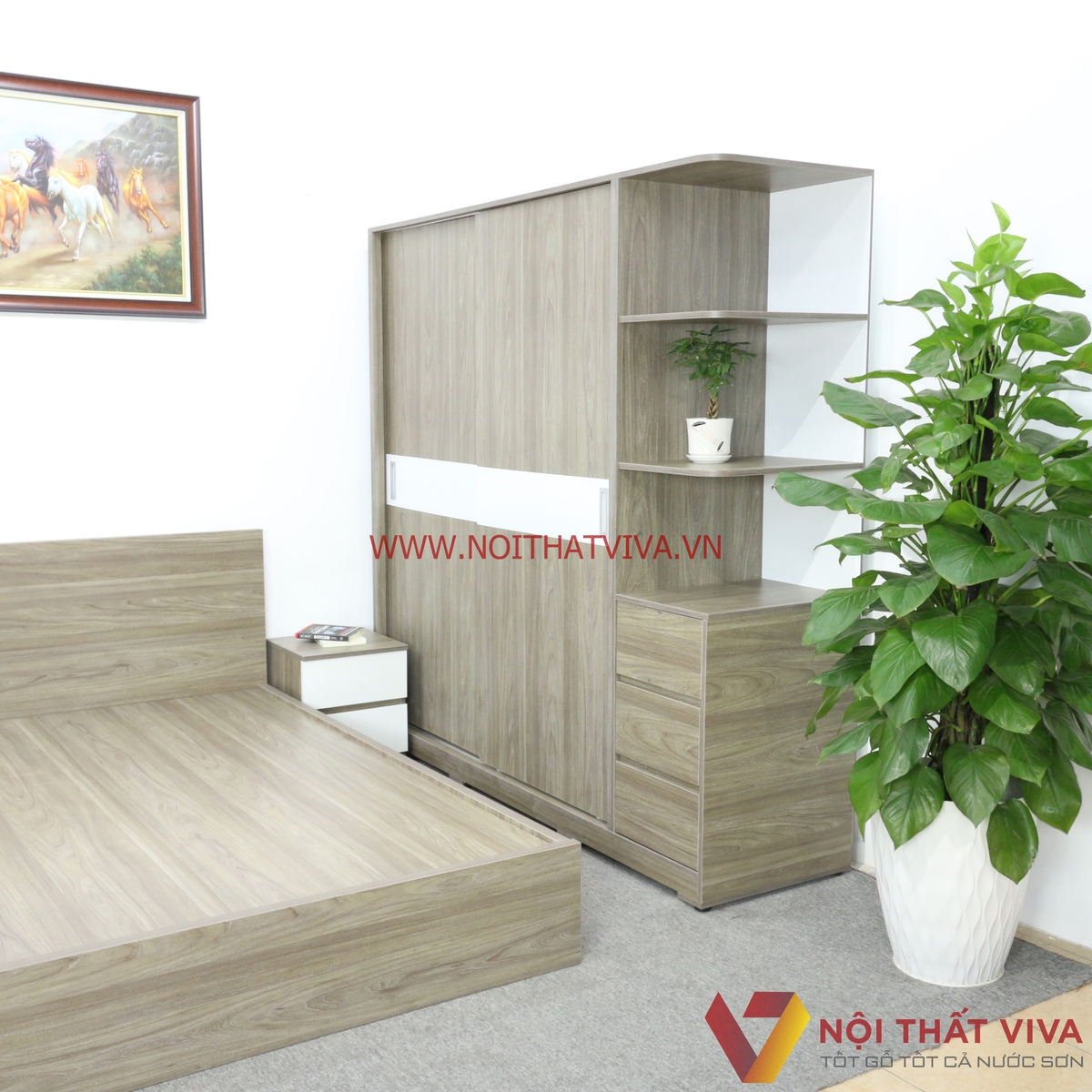 Bộ Combo Phòng Ngủ Gỗ MDF Melamine Màu Xám Phối Trắng Đẹp Hiện Đại
