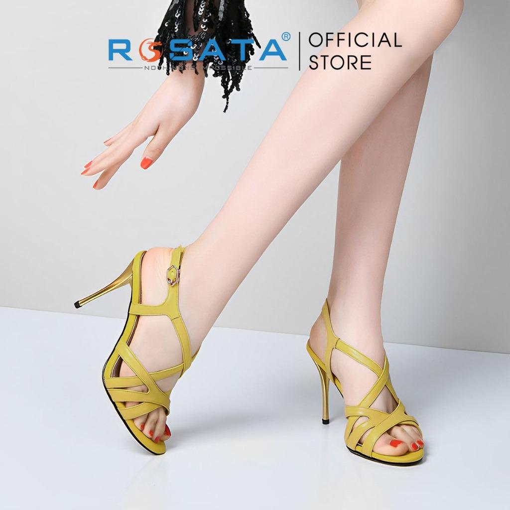 Dép sandal nữ ROSATA RO542 xỏ ngón phối dây mảnh mũi tròn quai cài hậu gót nhọn cao 7cm xuất xứ Việt Nam - Đen