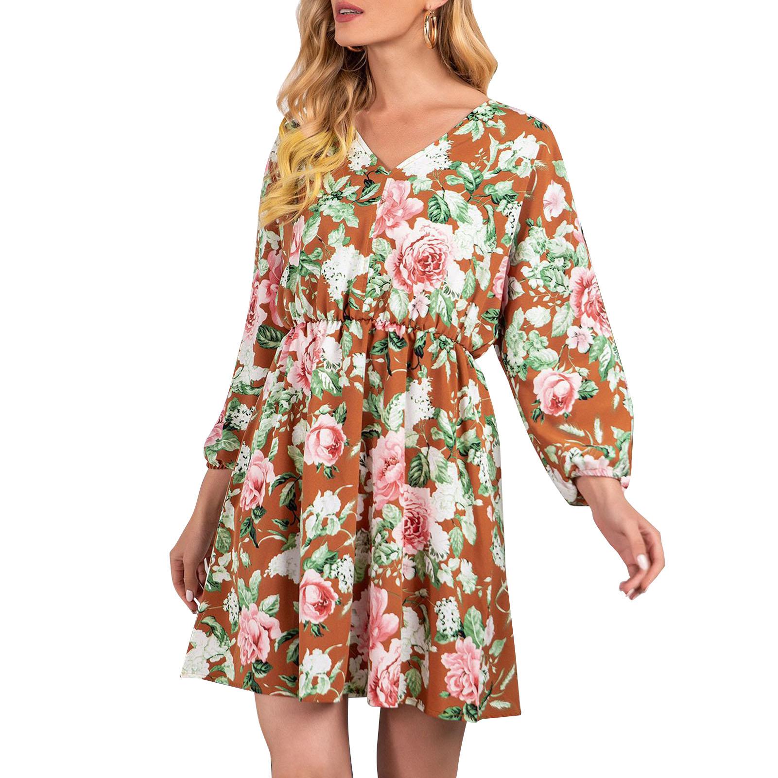 Fashion Women Floral Print Dress V Neck Long Sleeve Batwing Sleeve High Waist Mini Dress