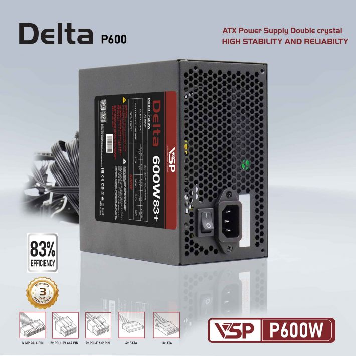 Nguồn máy tính VSP 600W Delta P600W ATX Công suất thực - Hàng chính hãng VSP phân phối