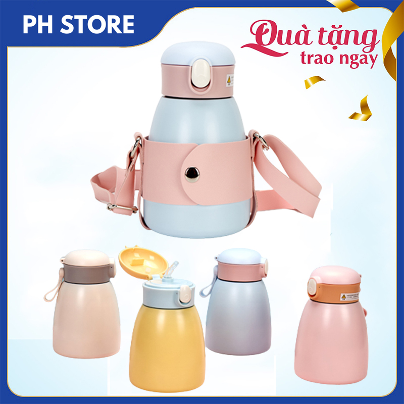 Bình Nước Giữ Nhiệt Cute, Chất Liệu Inox 304 Cao Cấp, Dung Tích 600ml, Thiết Kế Dễ Thương, Tiện Dụng, Có Nút Ấn Mở Nắp Và Dây Đeo Tiện Lợi