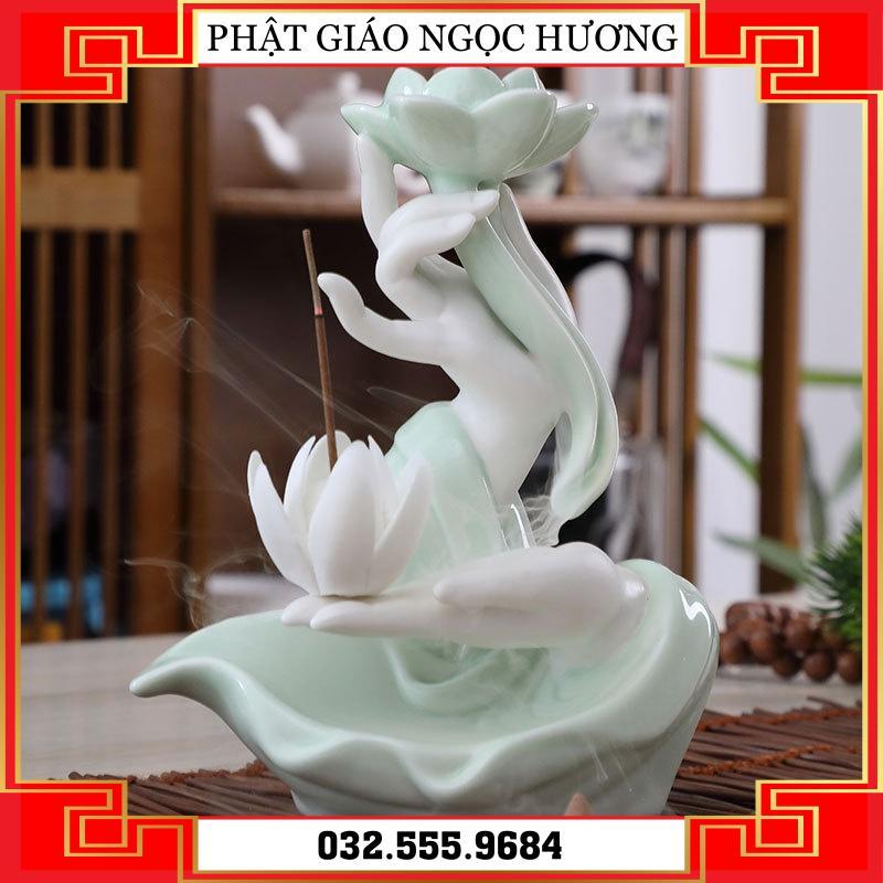 Thác khói Trầm Hương Bàn Tay Phật Cao Cấp - Thủ Ấn Tránh Ác Tarjani Mudra Hoa Sen - Cầm Sen Sứ Trắng Xanh Sen