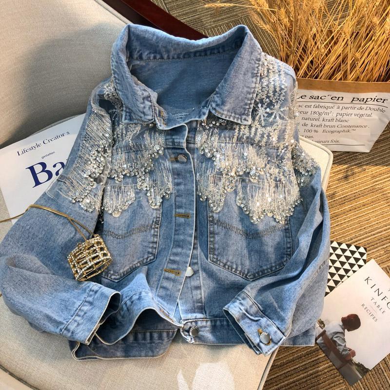 Áo Khoác Denim Phối Lưới Đính Kim Sa Lấp Lánh Cá Tính