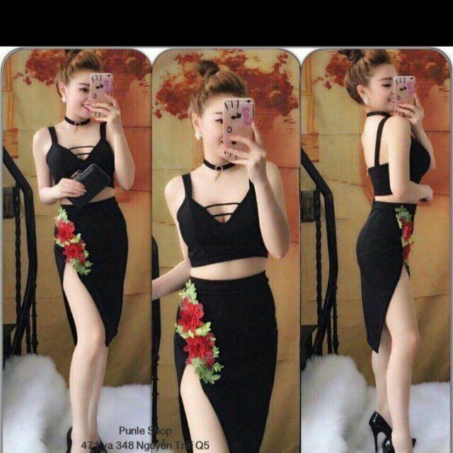 Sét áo croptop chân váy xẻ xéo