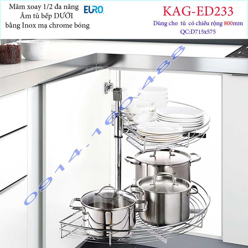 Kệ xoay bán nguyệt Euro KAG-ED233, mâm xoay inox 1.2, kệ góc xoay inox tủ bếp dưới