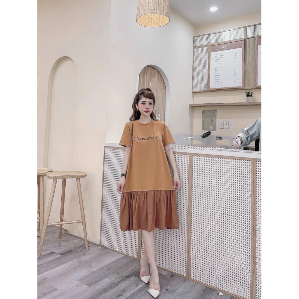 Váy suông thun cotton chân xếp kiểu phối màu, đầm xuông rộng freesize in chữ màu đen, nâu, be mã V238 - michi's House