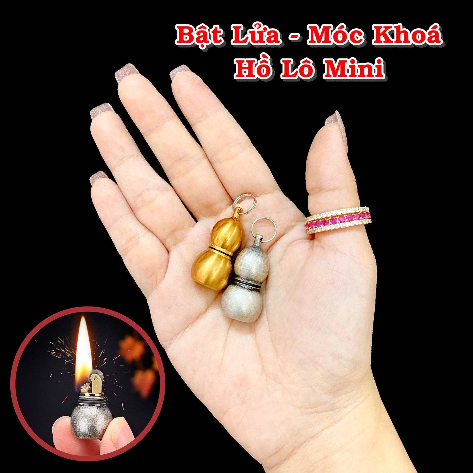 Hột quẹt bật lửa xăng đá móc khóa hồ lô mini kim loại - xài gas