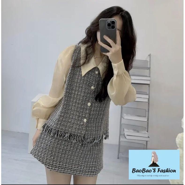 Set dạ phối sơ mi và chân váy xám đen