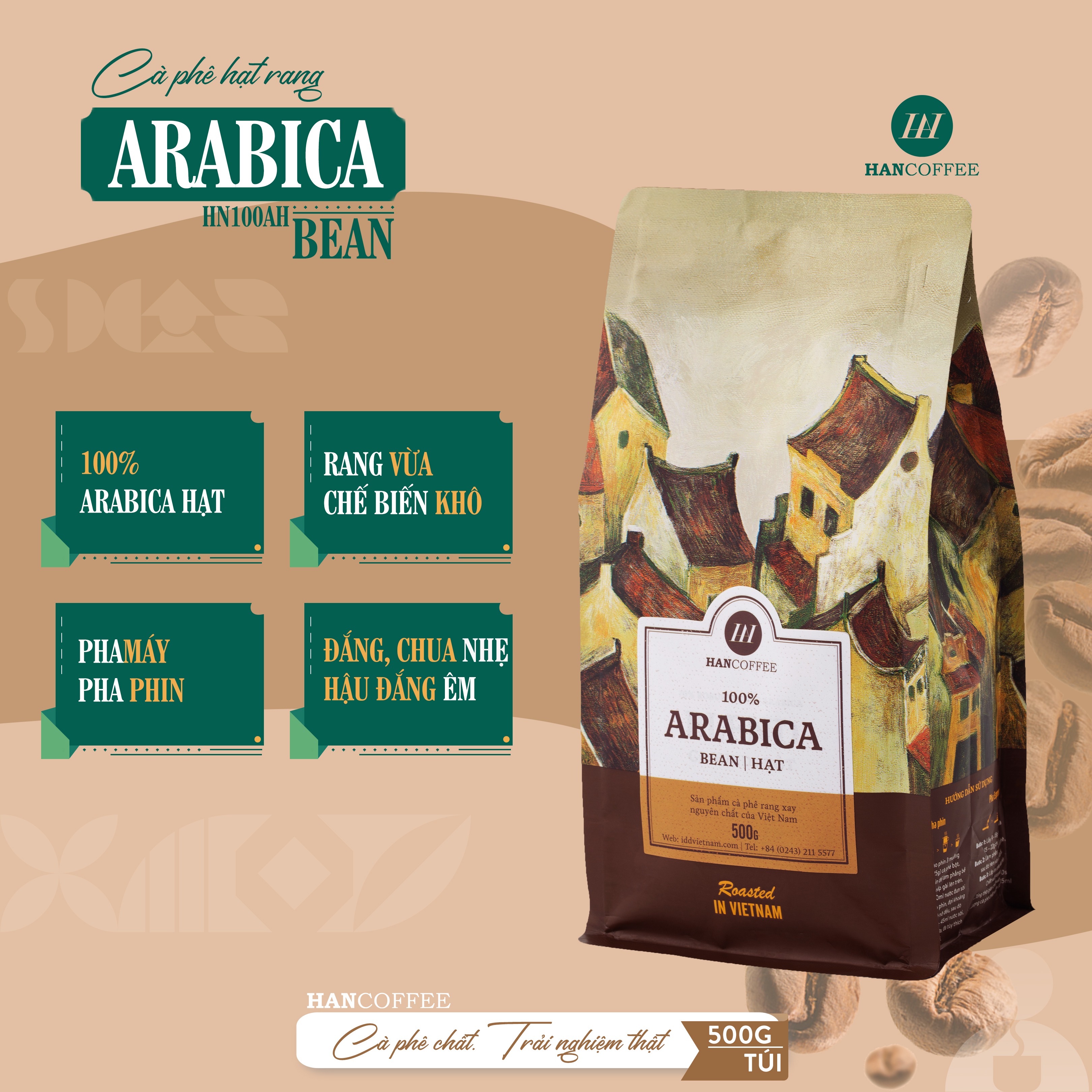 Cà Phê Arabica - Cafe Rang Mộc 100% HANCOFFEE Đắng Vừa, Chua Nhẹ, Ngọt Dịu, Dễ Uống Pha Phin, Pha Máy, Nguyên Hạt DẠNG HẠT 500g - HN100AH