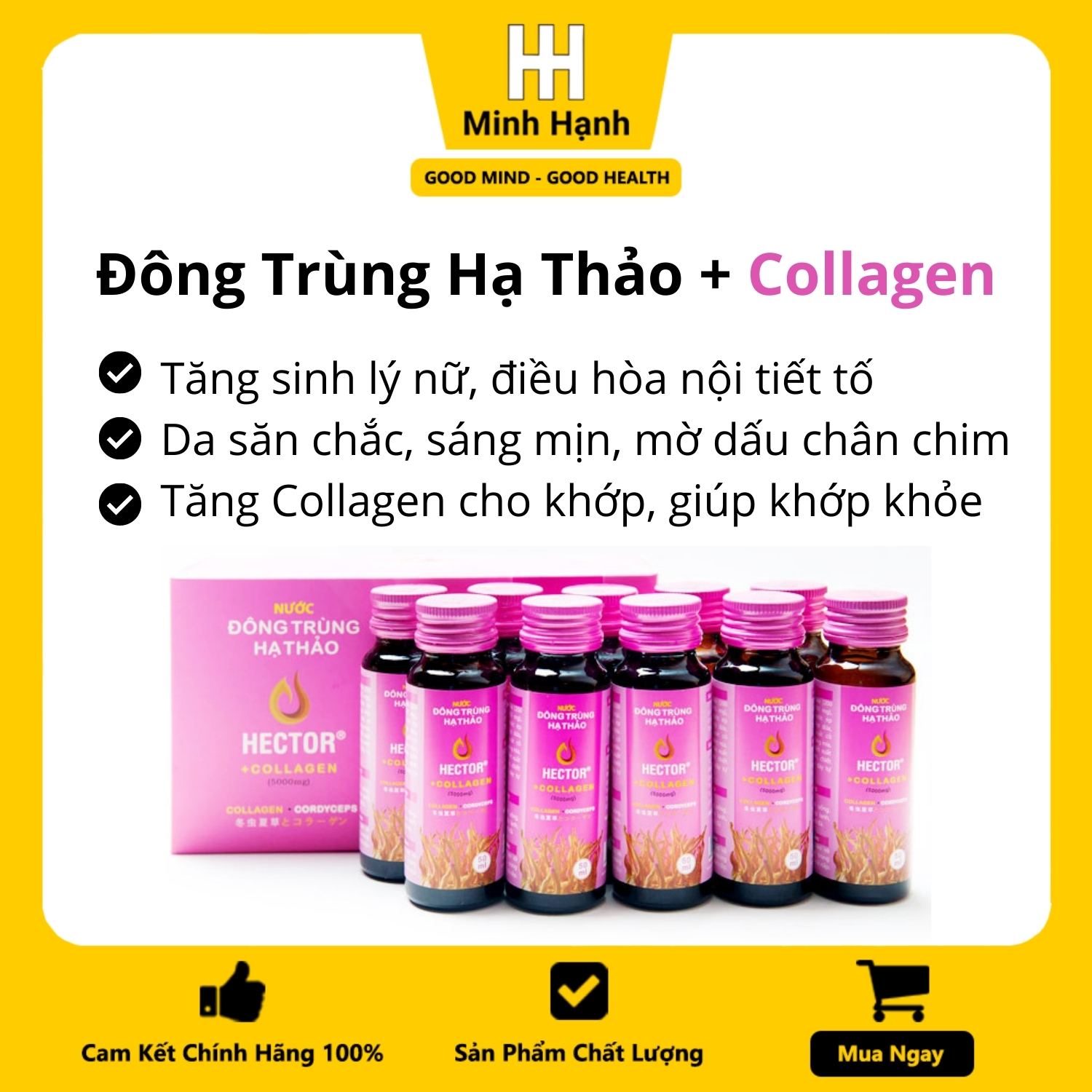 Hộp 10 Chai Nước Thực Phẩm Chức Năng Đông Trùng Hạ Thảo Hector Collagen, Uống Trực Tiếp, Giúp Trẻ Hóa Nhanh, Làm Da Khỏe Mạnh, Sáng Mịn, Ngăn Ngừa Rụng Tóc, Tăng Cường Sinh Lý, Điều Hòa Nội Tiết Tố (50ml/chai)