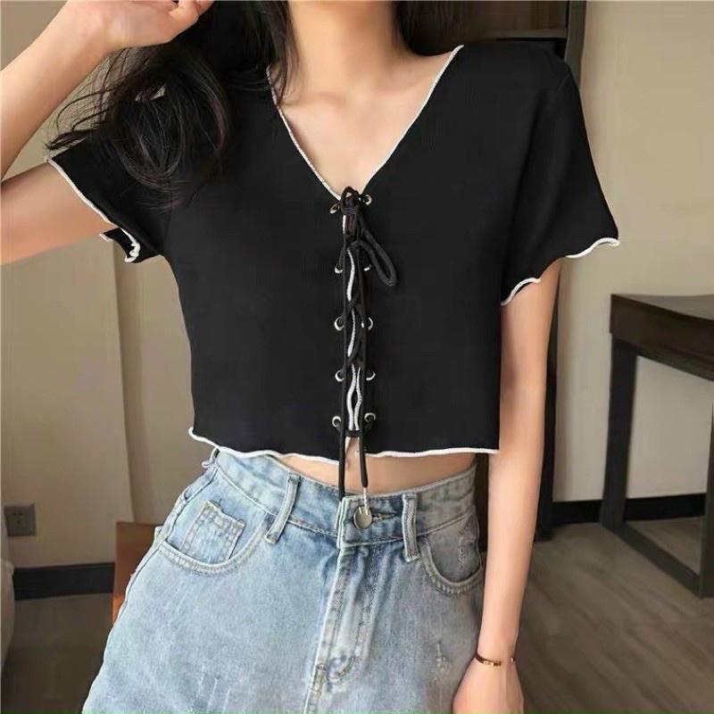 Áo croptop kiểu nữ tay ngắn phong cách Hàn quốc thiết kế đan dây trước ngực- AO081