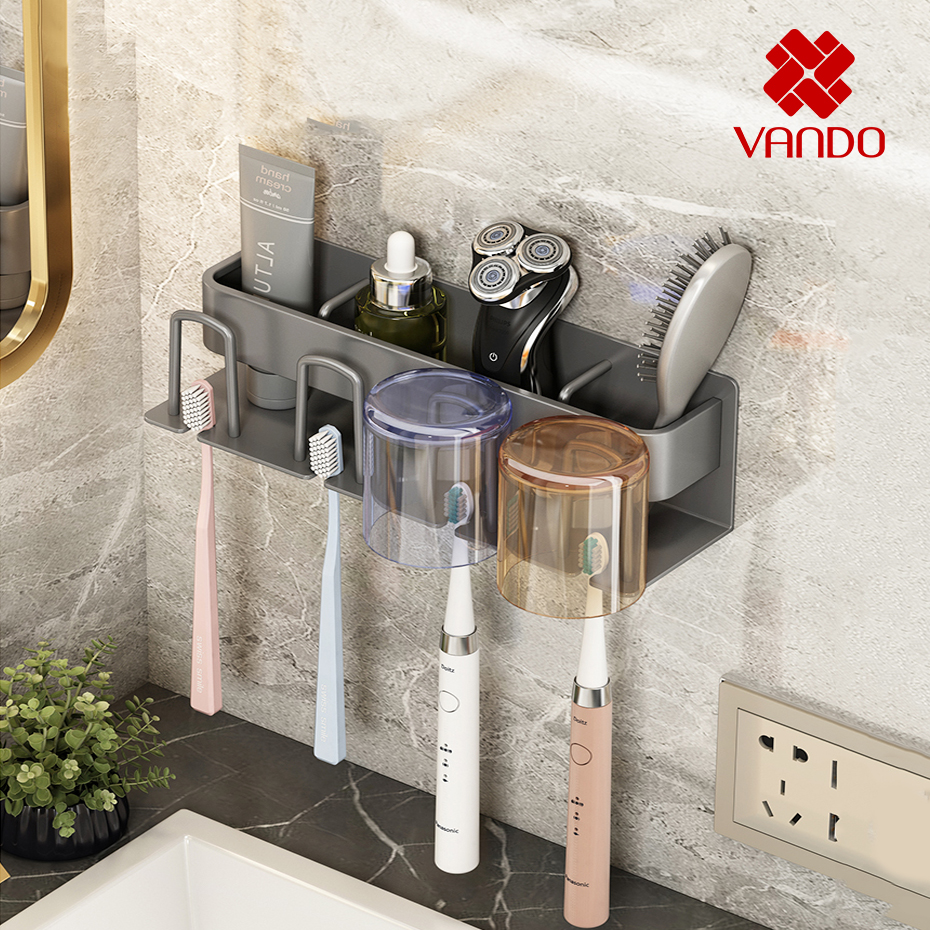 Giá treo để bàn chải đánh răng VANDO gắn tường tiện lợi, kệ nhà tắm để cốc, mỹ phẩm, chất liệu cao cấp sơn tĩnh điện