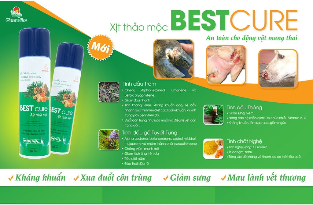 Chai xịt thảo mộc cho Thú cưng Vemedim Best cure Chai 220ml Giúp kháng khuẩn Đuổi côn trùng Giảm sưng Mau lành, liền sẹo