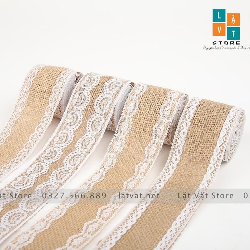 Ruy băng vải bố có ren trắng DIY trang trí, handmade, tiệc cưới, Giáng sinh làm từ sợi đay, ribbon Decor