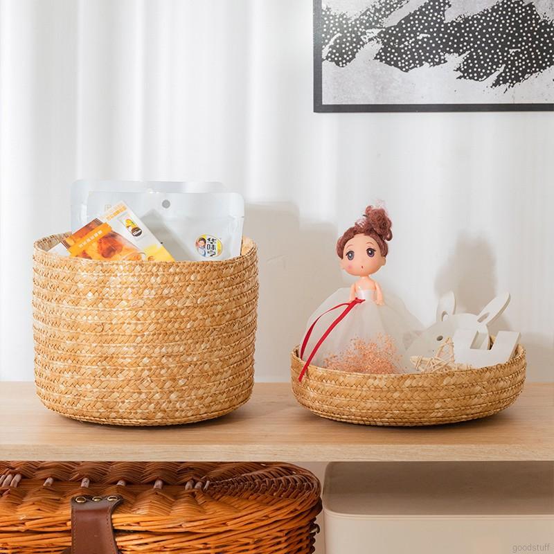 Giỏ Đan Rơm Thủ Công Có Nắp Đậy Đựng Đồ Ăn Vặt Để Bàn Tiện Lợi