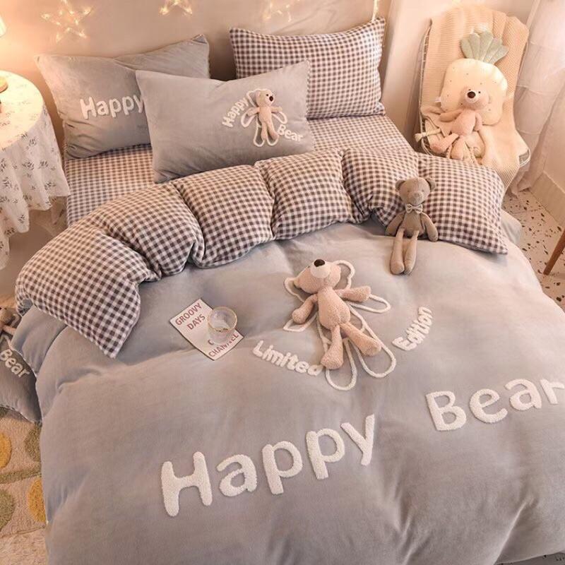 Bộ ga gối vỏ chăn nỉ nhung gấu Happy bear 4 món