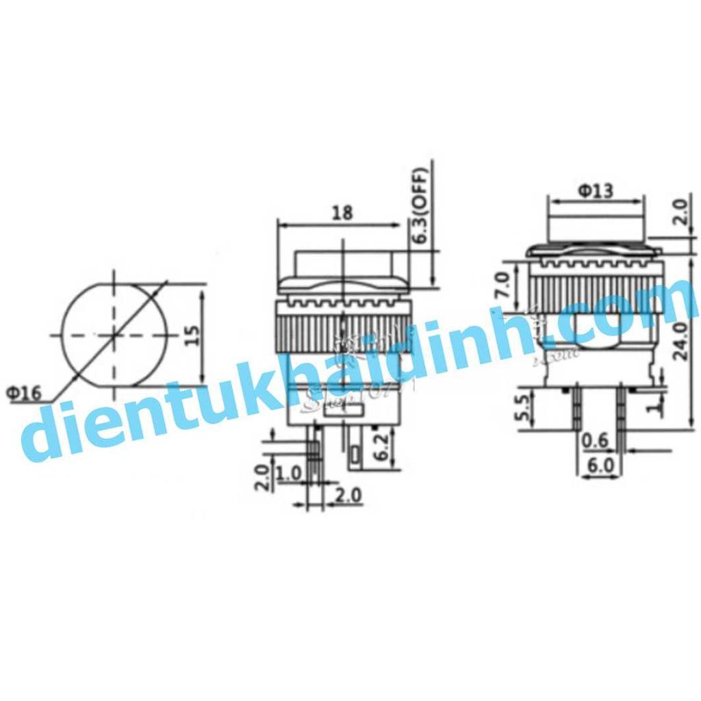 3 cái nút nhấn dạng RESET, nút nhấn đề, không giữ R16-503B, khoét lỗ 16mm lục/lam/đỏ/trắng/vàng kde3334